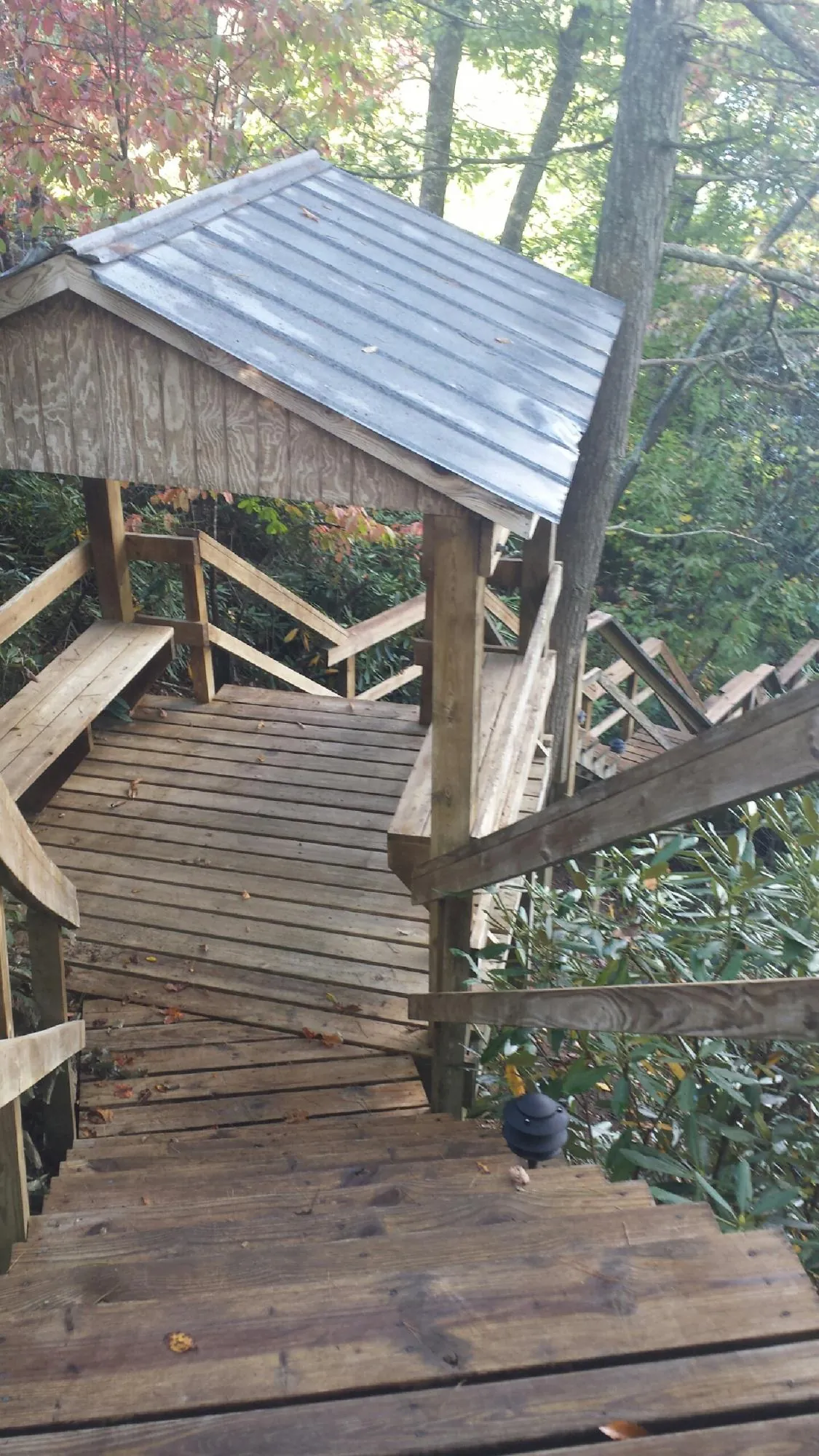 Metal roofed shelter over wooden steps on a wooded walkway — Skylight Repair & Installation work by our crew in Artois
